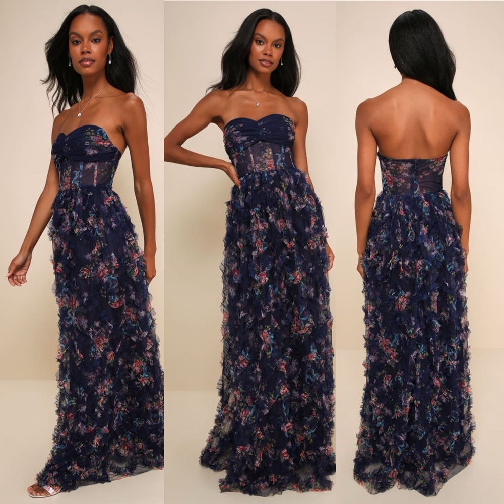 Lulus Stunning Element Navy Floral Mesh Ruffled Strapless Maxi Dress - Picture 3 of 13